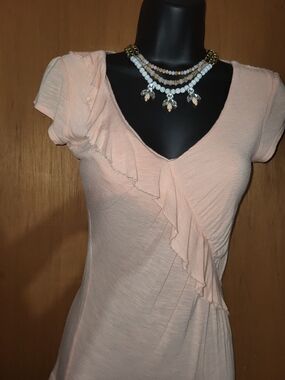 Candie's Y2k light pink coral rayon blouse with ruffles and a v-neckline
